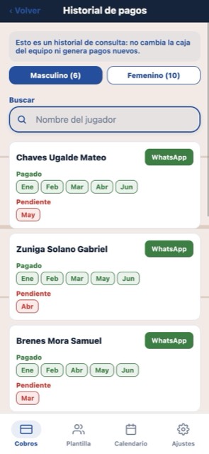 Historial de pagos de Volley con meses pagados y pendientes