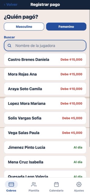Registrar pago en Volley con selector Femenino y Masculino y buscador